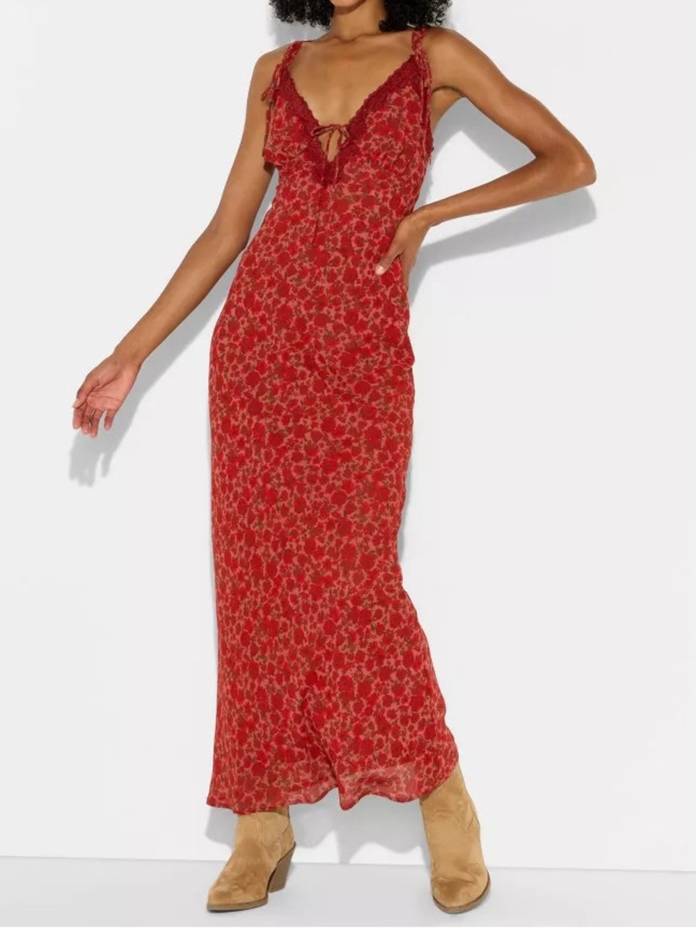 Wild Fable Red Lace Floral Maxi Dress Sz XS